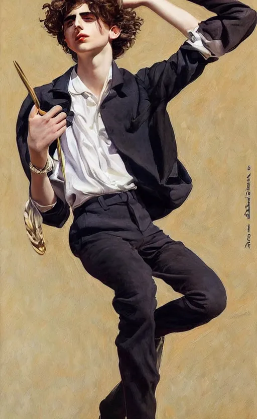 Prompt: Timothee Chalamet, the most beautiful androgynous man in the world, intense painting, sunny day at beach, +++ super supper supper dynamic pose,  digital art, art by j.c. leyendecker