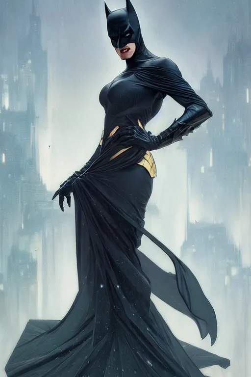 Image similar to elegant batman gown profile picture by greg rutkowski, dynamic pose, intricate, futuristic, fantasy, elegant, by stanley artgerm lau, greg rutkowski, thomas kindkade, alphonse mucha, loish, mugler, norman rockwell,