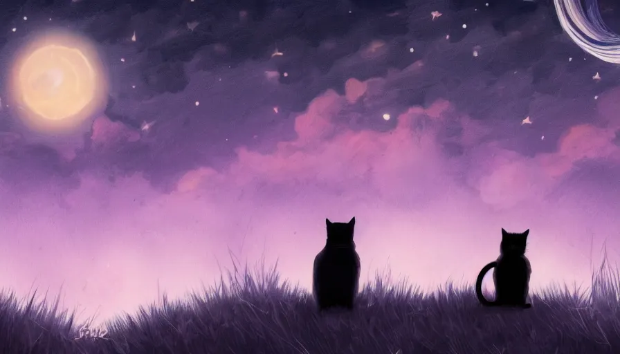 Prompt: black cat and a girl looking at the stars on a hill, stardusts, hyperdetailed, artstation, cgsociety, 8 k