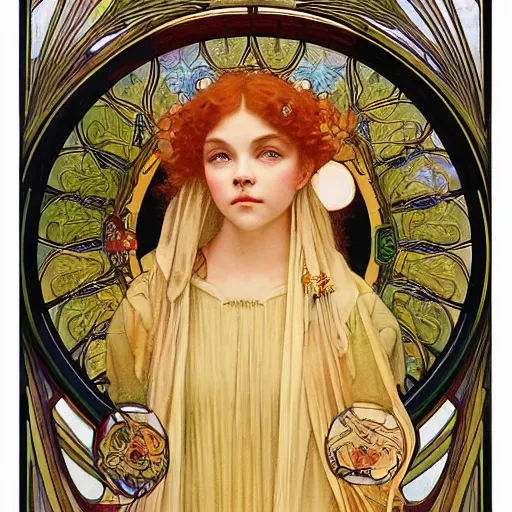 Image similar to detailed portrait art nouveau painting of the goddess of the sun who resembles Anya Taylor Joy, Chloe Grace Moretz, and Emma Watson in a art nouveau cathedral by Alphonse Mucha, Michael Whelan, William Adolphe Bouguereau, John Williams Waterhouse,