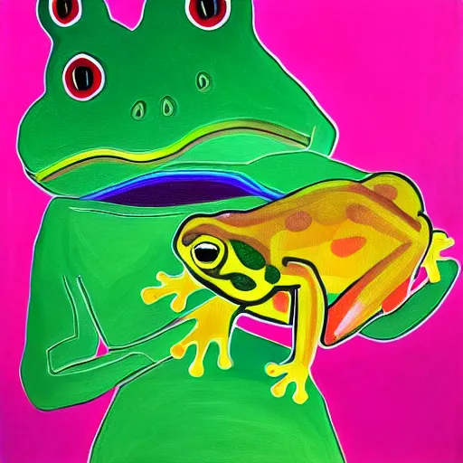 Image similar to alex jones holding a frog, frog, rainbow colors, oil on canvas