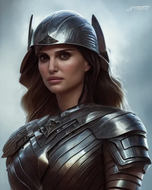 Image similar to 5 5 mm portrait photo of natalie portman as valkyrie. magical atmosphere. art by artgerm and greg rutkowski. highly detailed 8 k. intricate. lifelike. soft light. nikon d 8 5 0.