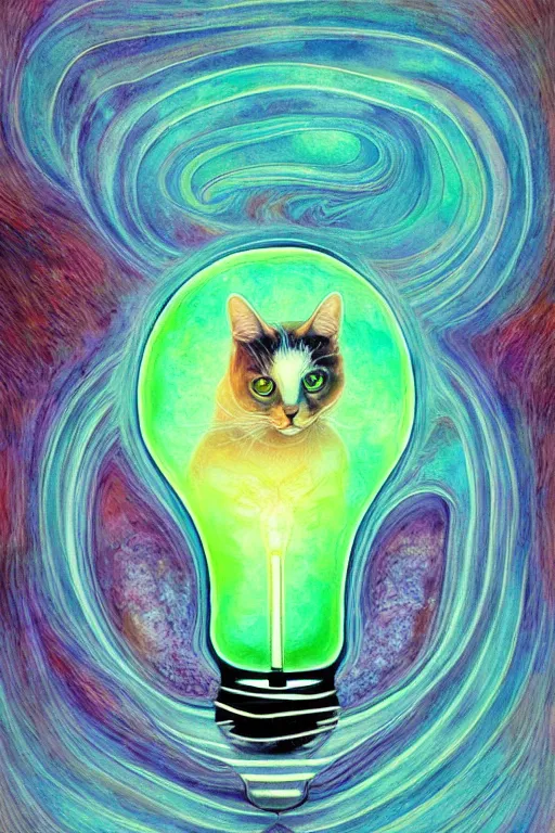 Prompt: portrait of an ethereal cat inside a light bulb, modern fine art, lithe, dreamscape, intricate, elegant, subsurface scattering, highly detailed, pop art painting, organic acrylic flow art, psychedelic surreal art, acrylic art, watercolor, featured on deviantart, cgsociety