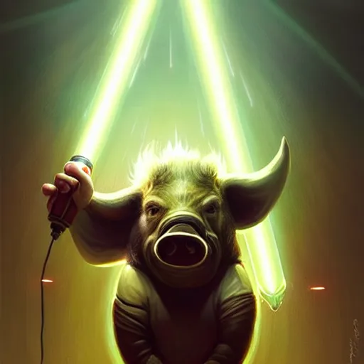 Image similar to cute anthropomorphic boar full as an jedi in a spaceship, body portrait, divine lightning, by greg rutkowski, by charlie bowater