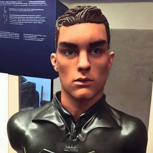 Image similar to “a realistic detailed photo of a guy who is an attractive humanoid who is half robot and half humanoid, who is a male android, American freestyle and folkstyle wrestler Daton Fix, shiny skin, posing like a statue, blank stare, at college, on display”