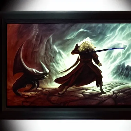 Image similar to gandalf fighting a balrog, dark atmosphere, dark cave lighting, fantasy generation, oil painting framed