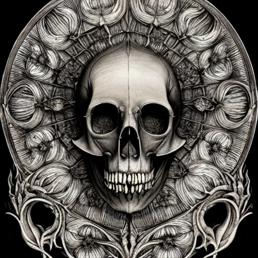 Prompt: memento mori by arthur rackham, art forms of nature by ernst haeckel, ultrasharp, photorealistic, hyperdetailed, octane render, polished, art nouveau, gothic, ornately carved antique bone beautiful skull mask dominant, intricate ornamental organic filigree, art nouveau botanicals, art forms of nature by ernst haeckel, horizontal symmetry, symbolist, visionary