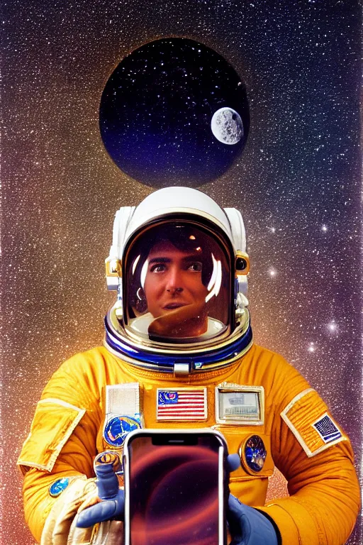 Image similar to extremely detailed studio portrait of space astronaut, holds an iphone in one hand, iphone held up to visor, reflection of iphone in visor, moon, extreme close shot, soft light, golden glow, award winning photo by david lachapelle