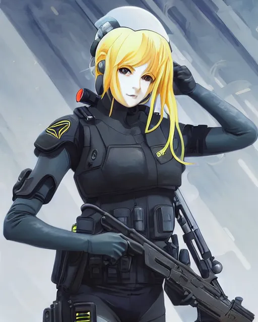 Image similar to nami, anime key visual of a young female swat officer, neon, cyberpunk, futuristic, white outfit, black swat vest, swat helmet, holding pdw, stunning, highly detailed, digital painting, smooth, soft focus, illustration, 4 k digital art from artstation by artgerm and greg rutkowski and alphonse mucha