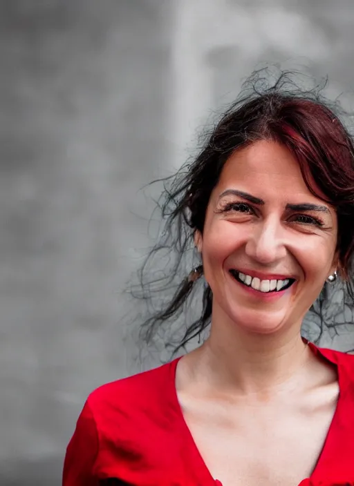 Image similar to color portrait of a beautiful 35-year-old smiling Italian woman, wearing a red outfit, candid street portrait in the style of annie leibovitz close up, detailed, award winning, Sony a7R