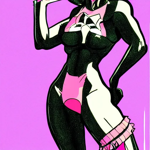 Image similar to catgirl drawn in the style of Hirohiko Araki, coloured, impressive line work,