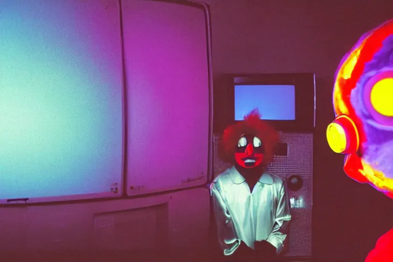 Prompt: friendly and kind robo - clown emerging from a space portal in cyberspace, fractaling outwards, in 1 9 8 5, y 2 k cutecore clowncore, bathed in the glow of a crt television, crt screens in background, low - light photograph, in style of tyler mitchell