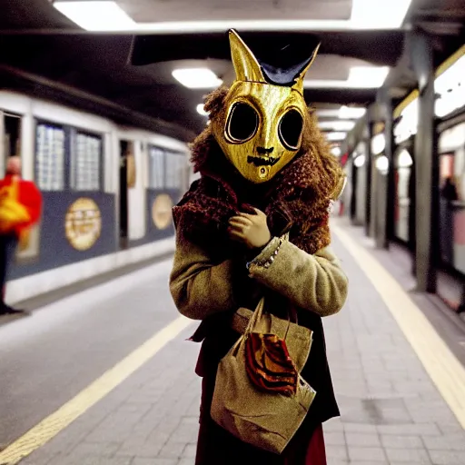 Image similar to fujifilm superia photo of puppet with scary venetian mask, in the empty london underground, dirty, grainy, liminal