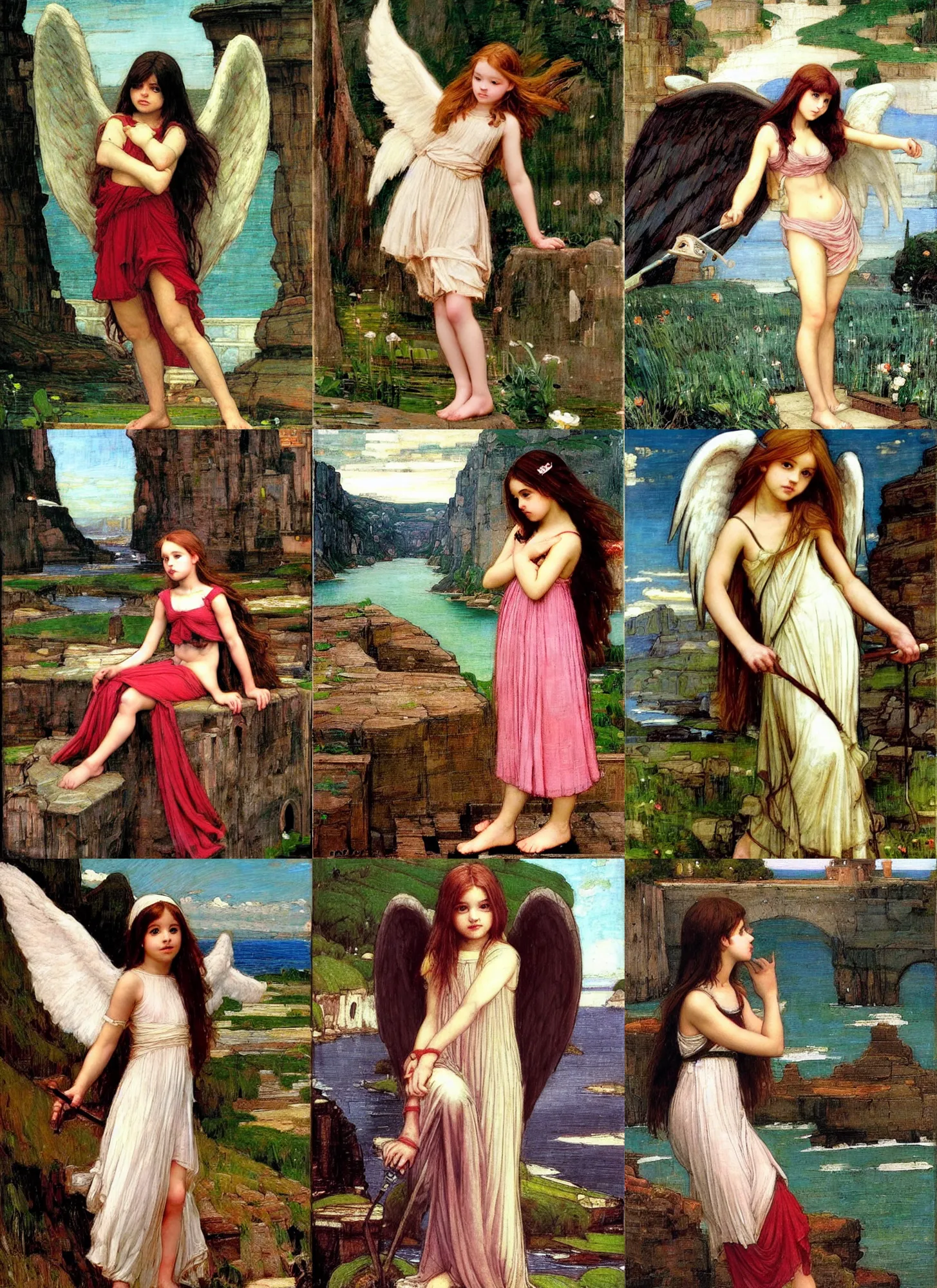 Prompt: cute girl angel with a epic scenery in the style of John William Waterhouse