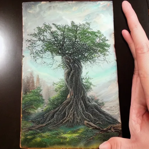 Image similar to A 100 year old tree, fantasy painting, lots of detail