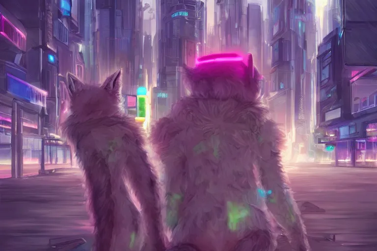 Image similar to a transhuman fox fursona with a fluffy tail in a cyberpunk city, trending on artstation, by kawacy, neon backlighting, furry art