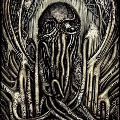 Prompt: lovecraftian horror by hr giger