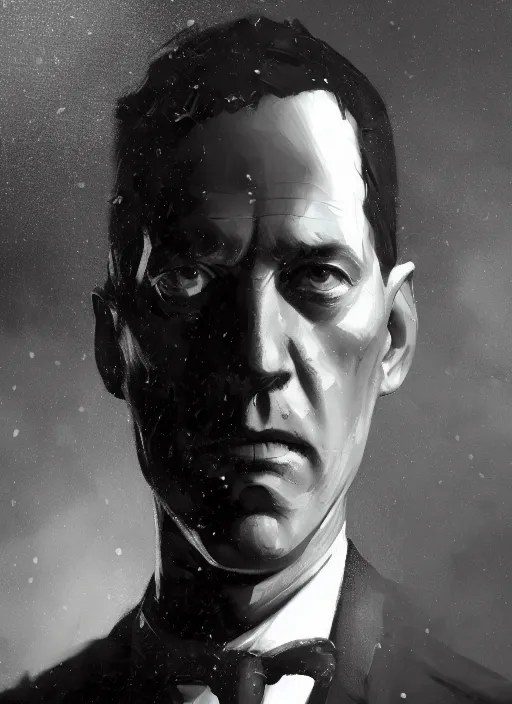 Prompt: highly detailed portrait of h p lovecraft by greg rutkowski, mike mignola, tom bagshaw artgerm and ross tran, beautiful dramatic dark moody lighting, cinematic atmosphere, glossy magazine painting, global illumination, deep color, 8 k resolution, high details, flickr, dslr, artstation