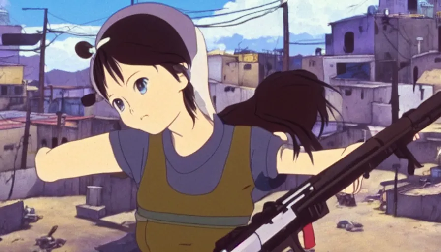 Image similar to 8 k screencap of a girl with a gun on a favela anime, by hayao miyazaki, studio ghibli, favela background extremely high quality artwork