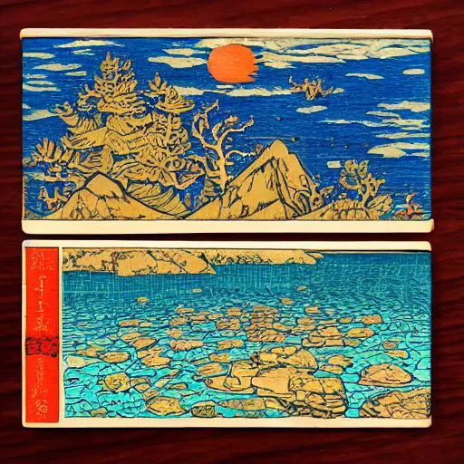 Image similar to detailed ivan bilibin and ilya kuvshinov and katsuhiro otomo inspired woodblock of ocean tidepools.