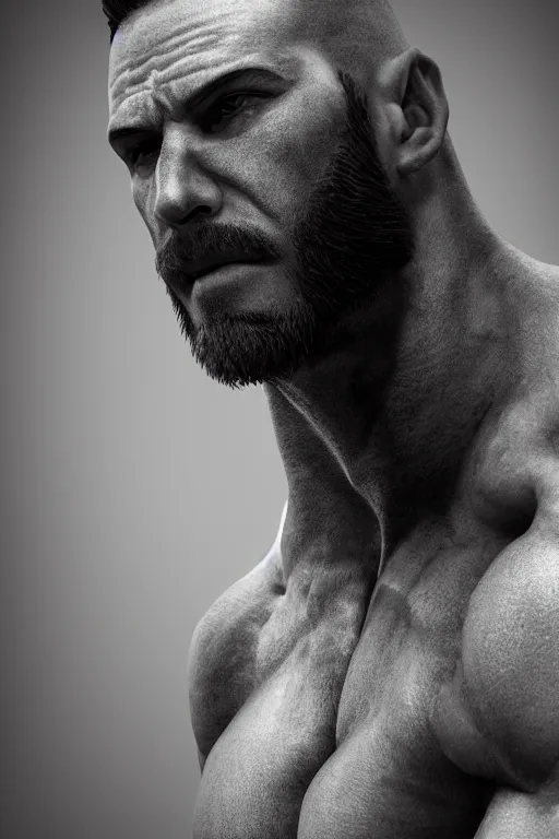 Prompt: a single muscular man wearing torn clothes, looking to the right, profile picture, hyperrealistic, concept art, octane render, unreal engine 5, trending on artstation, high quality, highly detailed, 8 k, dramatic lighting, cinematic, high coherence, anatomically correct, five fingers, digital art, seductive, black and white, big beard, epic