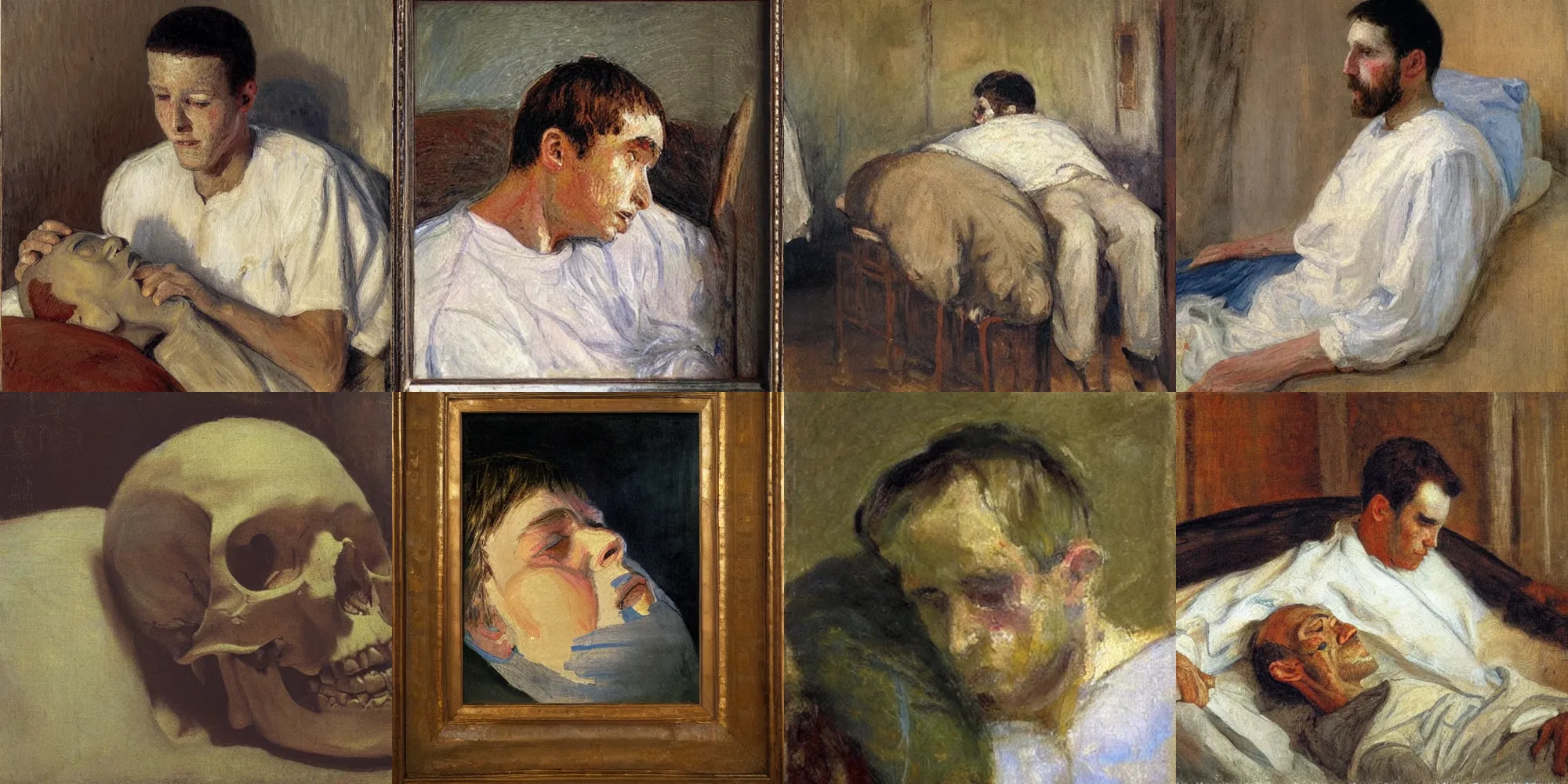 Prompt: a young man in the hospital with his skull opened, impressionism