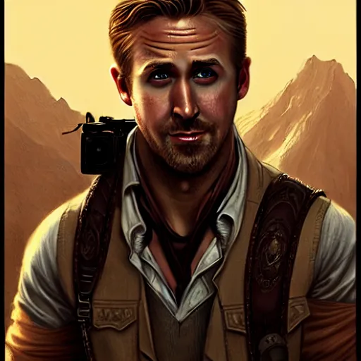 Image similar to Ryan Gosling face as Nathan Drake, western, D&D, fantasy, intricate, elegant, highly detailed, digital painting, artstation, concept art, matte, sharp focus, illustration, art by Artgerm and Greg Rutkowski and Alphonse Mucha