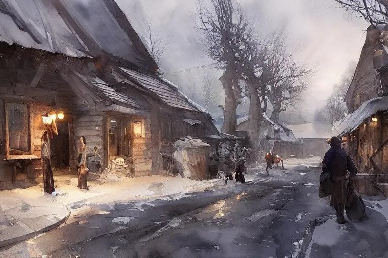 Image similar to watercolor painting of rustic village street, mud, scandinavian mythology, ambient lighting and shadows, art by hans dahl, by jesper ejsing, art by anders zorn, wonderful masterpiece by greg rutkowski, cinematic light, american romanticism by greg manchess, creation by tyler edlin