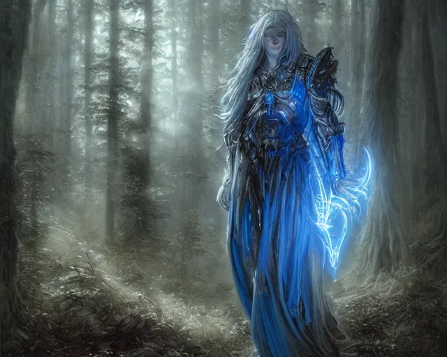 Image similar to 5 5 mm portrait photo of an armored holy wolf angelic with blue glowing eyes and looking at the camera, glowing with holy lights, holy energy, in a magical forest. magical atmosphere. art by greg rutkowski and luis royo. highly detailed 8 k. intricate. lifelike. soft light. nikon d 8 5 0.