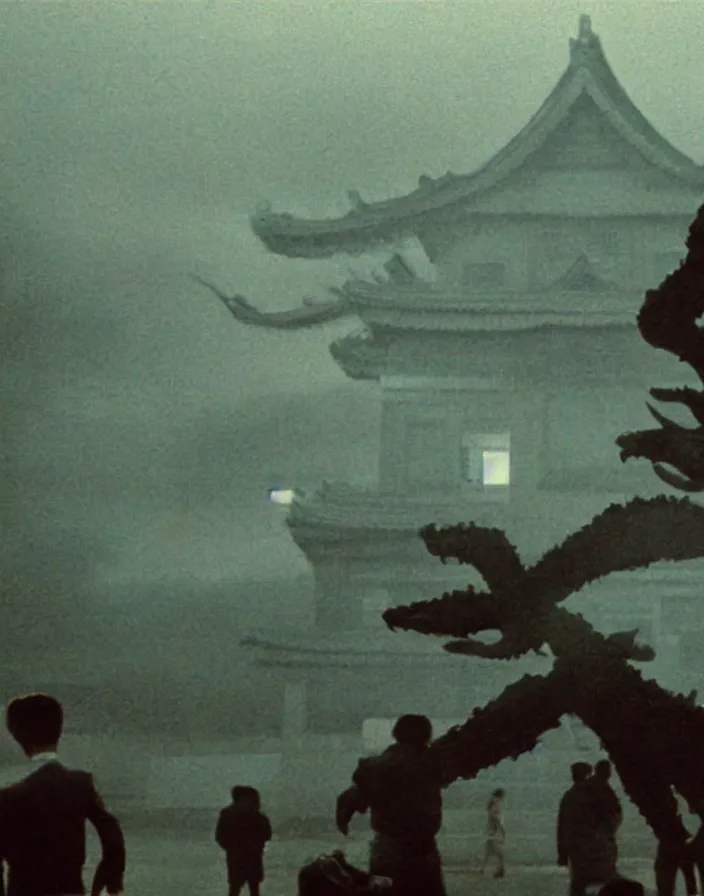 Image similar to a filmstill of a north korean monster movie, kaiju - eiga monster starfish - like trampling a traditional korean palace, foggy, film noir, video compression