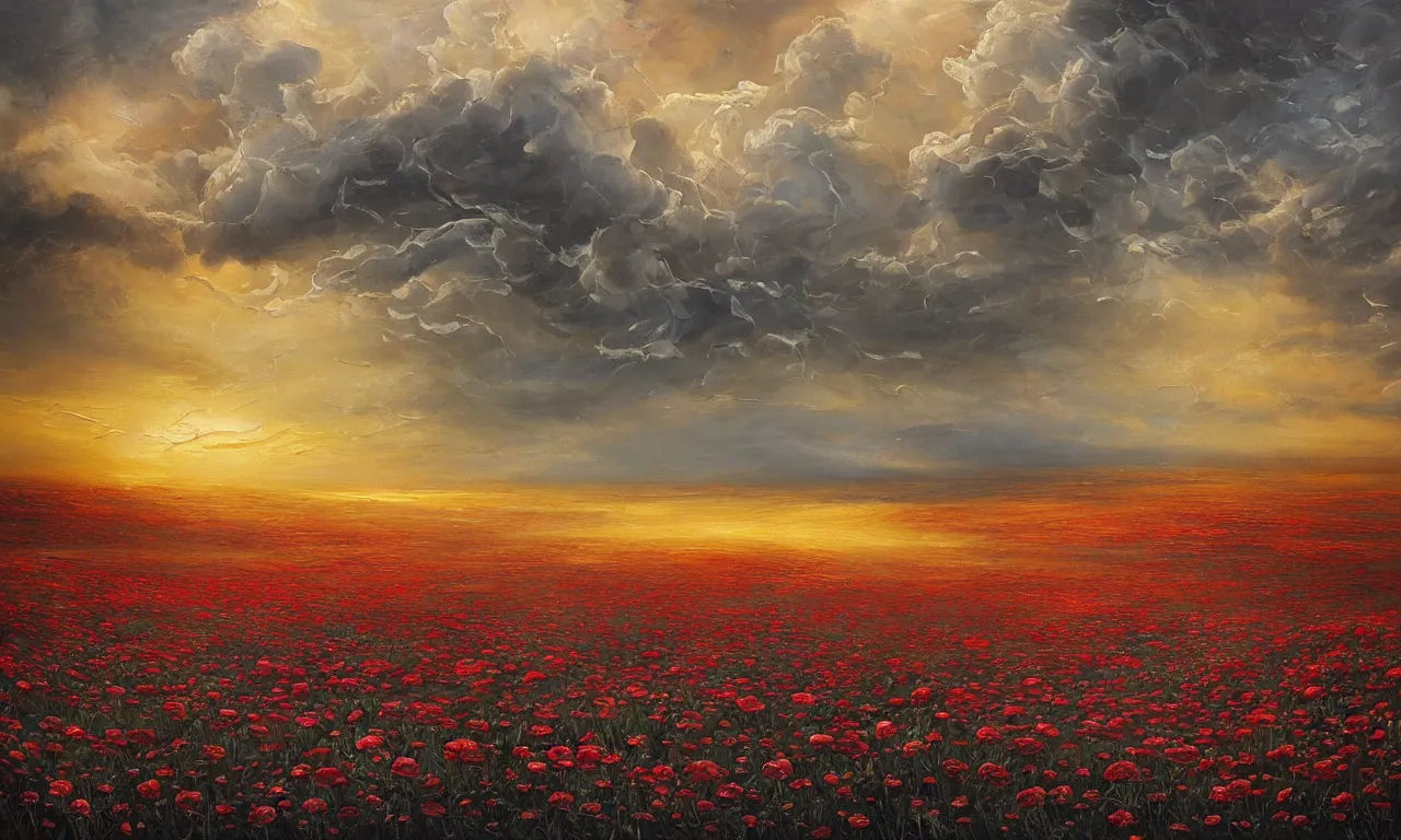 Image similar to breathtaking oil painting with palette knife of a plains landscape in luxurious nature, with intricate art nouveau moody dark tumultuous clouds, at dawn with roses and golden petals flying, grim reaper silhouette with scythe, concept art, matte, by krista schumacher and georgia hart,