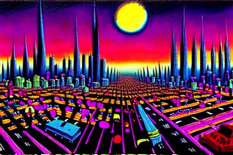 Image similar to surreal colorful nightmarish cityscape, artwork by ralph bakshi