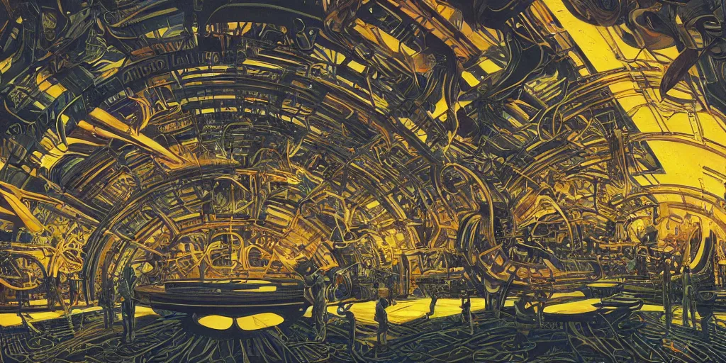Prompt: wide shot, interior of an alien spaceship, futuristic, surrealism, sci - fi, heavy machinery, humanoids working, neon tubes crepuscular rays, ray tracing, by patrick woodroffe and mike worrall