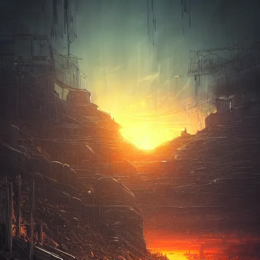 Image similar to a dark foreboding landscape where one single tree grows, amidst broken metal machines, with the sky on fire. Gustave Dore, ponyo and artrift, trending on artstation, cyberpunk, CGSociety, hyperealism, extremely detailed landscape art, 3d render, 4k hd, depth of field, super high def, IMAX.