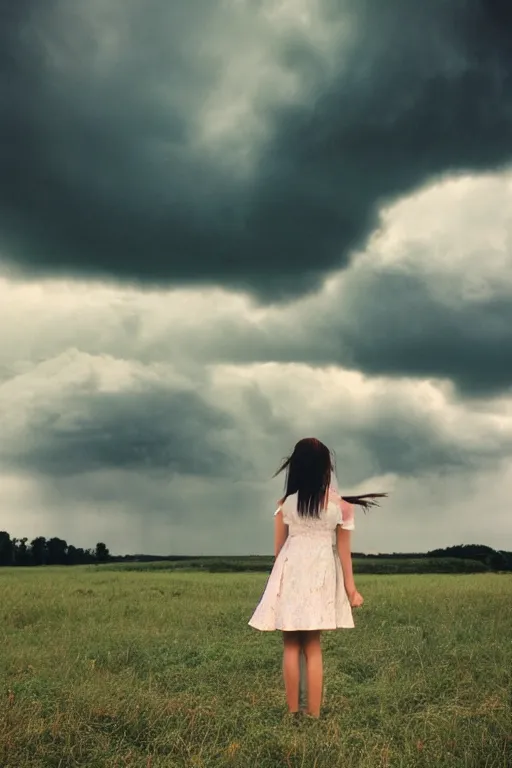 Image similar to kodak ultramax 4 0 0 photograph of a girl with long hair standing in a field, stormy clouds, wicked clouds, big clouds, back view, grain, faded effect, vintage aesthetic,