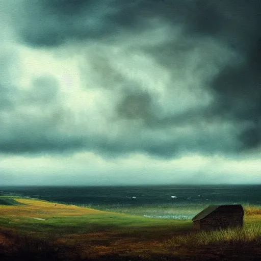 Image similar to sunny day, underlying sense of dread, stormy clouds on the horizon, warm saturated palette, dreary atmosphere, moody, vivid, striking, dramatic, high contrast, masterpiece landscape painting alternative art