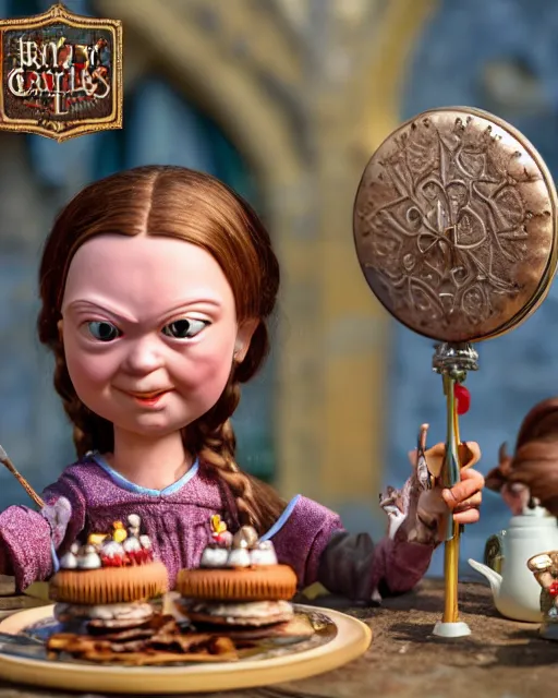 Image similar to highly detailed closeup, face profile portrait of a tin toy greta thunberg as a medieval goblin eating cakes in a castle, bikini, depth of field, nicoletta ceccoli, mark ryden, lostfish, dan decarlo, bob clampett, max fleischer, detailed and intricate environment, 8 k resolution, hyperrealistic, octane render