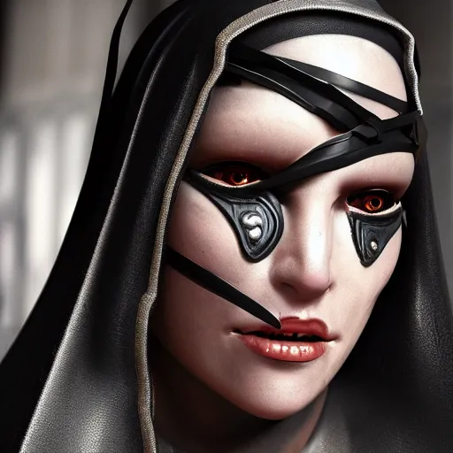 Prompt: cyberpunk nun warrior, highly detailed, 4k, HDR, smooth, sharp focus, hyper realistic, high resolution