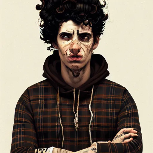 Prompt: highly detailed portrait of a sewer punk guy worker, thirties, black hair, brown eyes, tartan hoody, short curly hair by atey ghailan, by greg rutkowski, by greg tocchini, by james gilleard, by joe fenton, by kaethe butcher, gradient blue, brown, light blue and white color scheme,