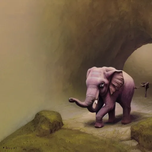 Prompt: purple elephant running stuck in a cave entrance because it is too small, close up camera angle, raining, mountain behind meadow, menacing, illustration, detailed, smooth, soft, cold, by Adolf Lachman, Shaun Tan, Surrealism