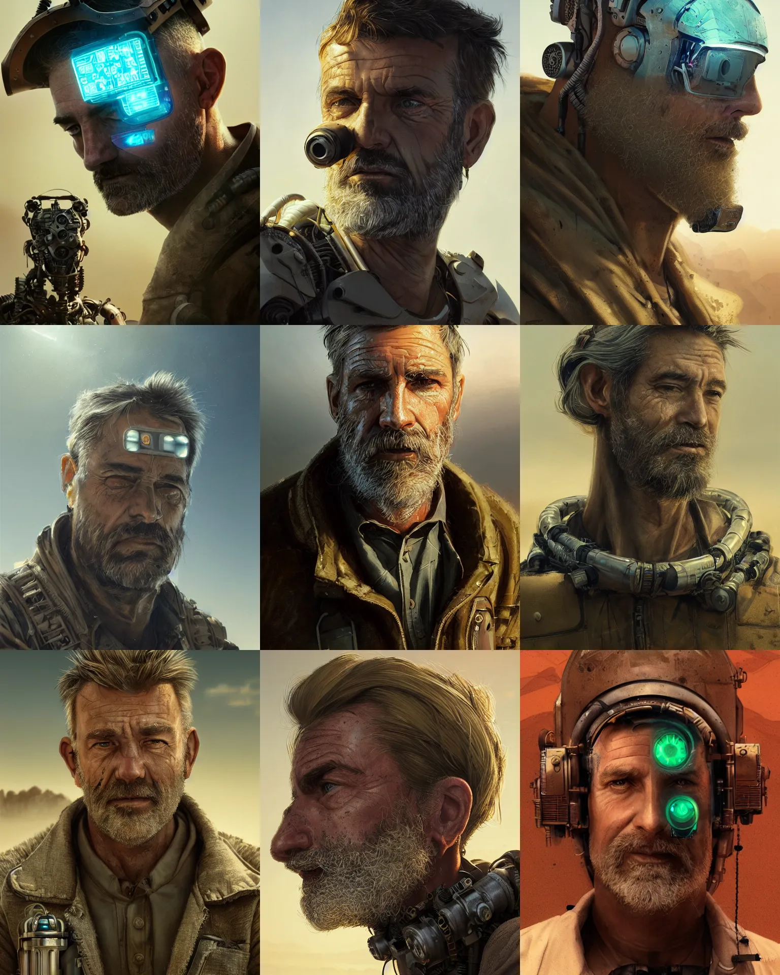 Prompt: a rugged middle aged engineer man with cybernetic enhancements and funky hair lost in the desert, clear face, short beard, scifi character portrait by greg rutkowski, esuthio, craig mullins, green eyes, 1 / 4 headshot, cinematic lighting, dystopian scifi gear, gloomy, profile picture, mechanical, half robot, implants, steampunk