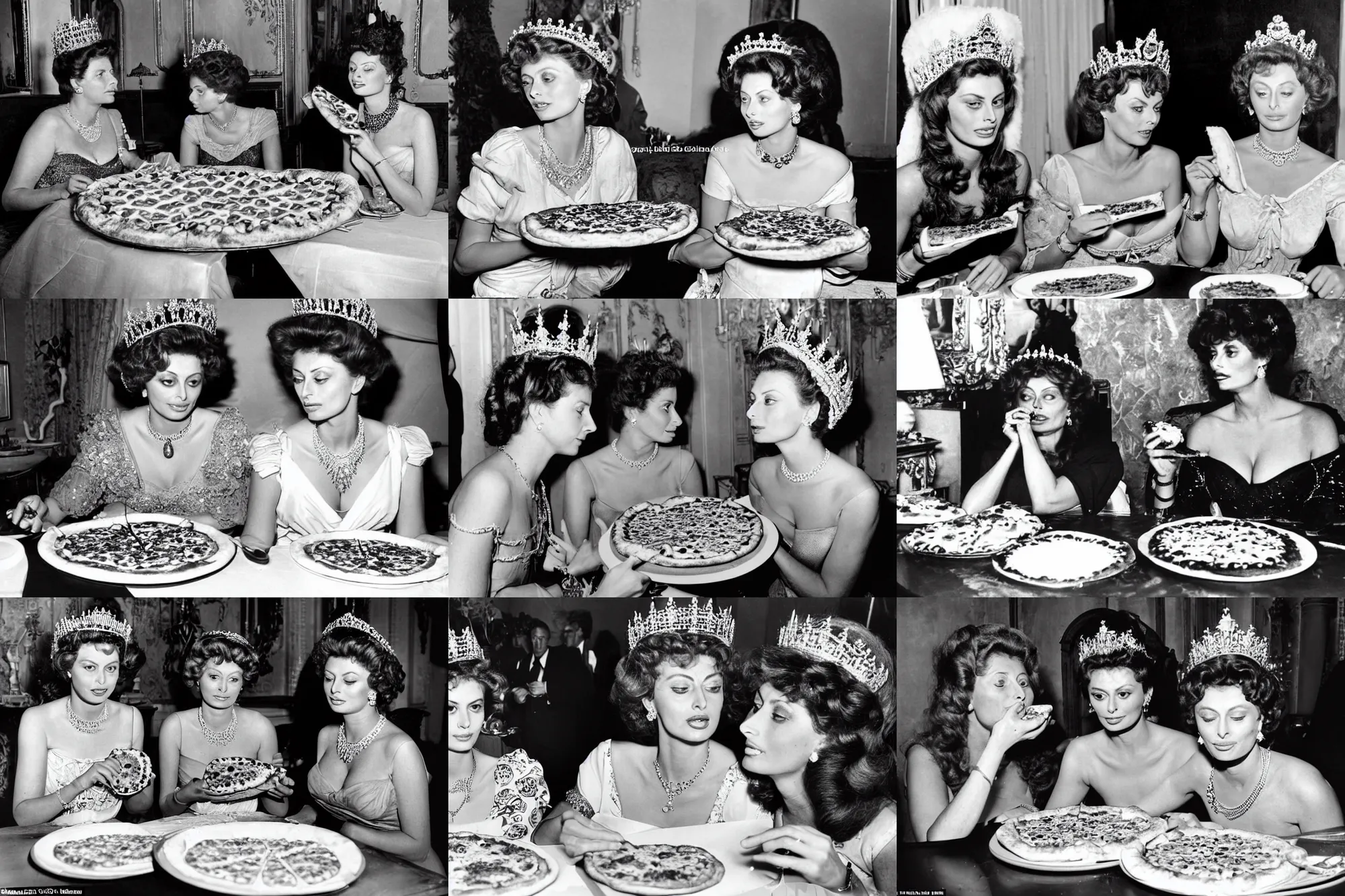 Prompt: a historical photo of young beautiful queen margherita of italy, eating a pizza margherita together with a young and beautiful sophia loren, the queen wears an intricate detailed tiara and pearl necklace, the pizza has a large cornicione, smooth lighting, masterpiece, timeless, genious composition