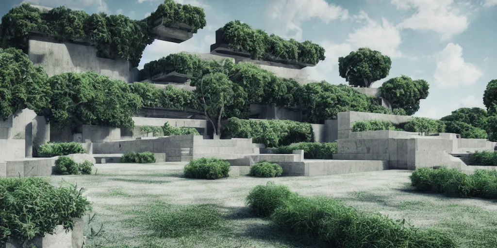 Prompt: verdant classical garden based on the brutalist architecture of carlo scarpa in a megacity made of travertine temples, sci-fi, light blue sky with clouds, 4k museum photograph, octane render, photorealistic, hyperrealism