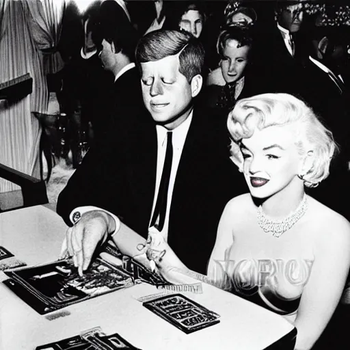 Image similar to a highly detailed photo of marilyn monroe and jfk playing yu - gi - oh, antique photo