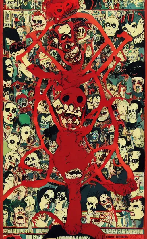 Image similar to cursed with necronomicon horrorcore cel animation poster depicting gory waldo eating the deceased power puff girls, intricate faces, metropolis, 1 9 5 0 s movie poster, post - processing, vector art