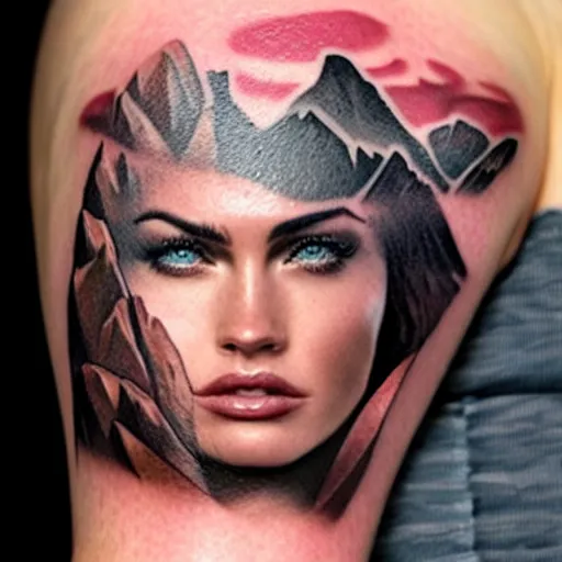 Prompt: double - exposure tattoo of megan fox and beautiful mountains, in the style of dan mountford