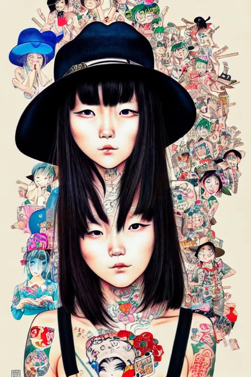 Prompt: full view of japanese girl with classic tattoos, wearing a cowboy hat, style of yoshii chie and hikari shimoda and martine johanna, highly detailed