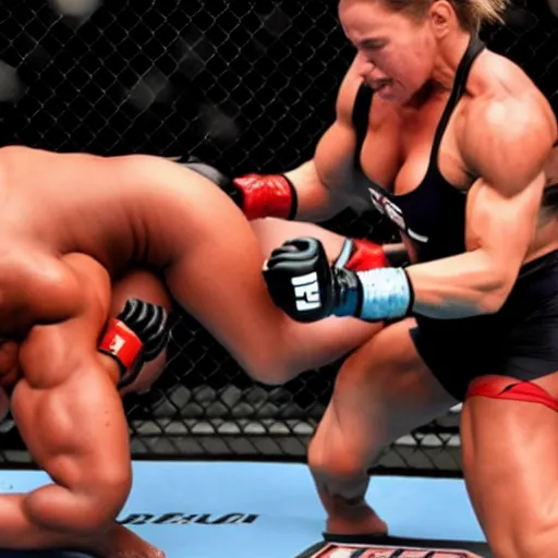 Prompt: transgender muscular woman beating up woman in ufc