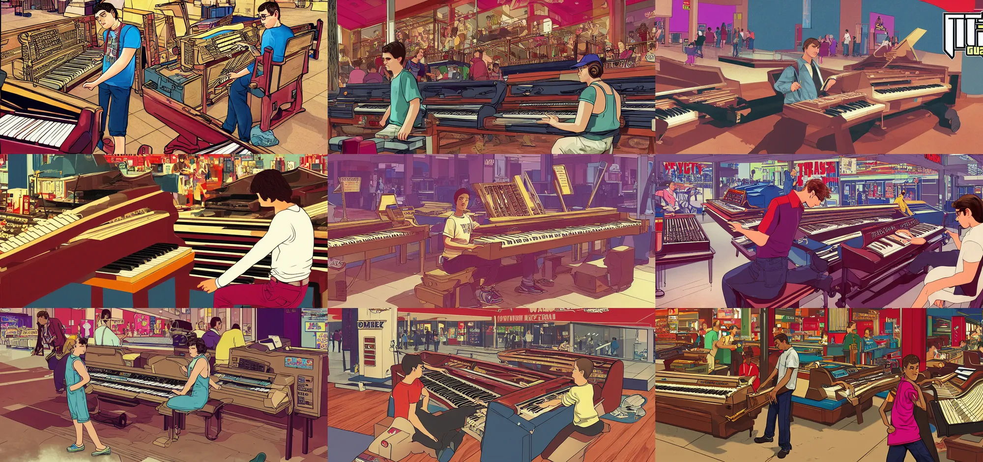 Prompt: GTA V illustration of teen playing an organ in a 1980s mall, cover of GTA V