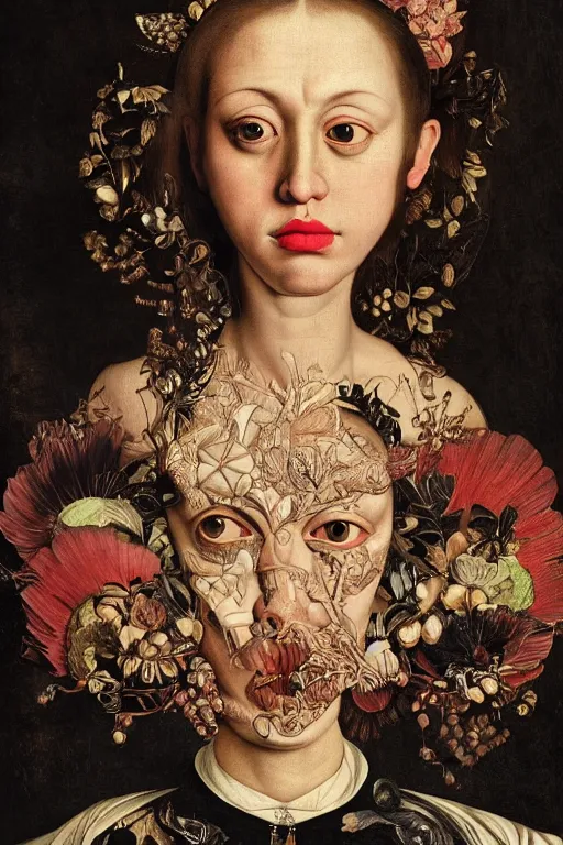 Prompt: Detailed maximalist portrait with large lips and with large eyes. HD mixed media, 3D collage, highly detailed and intricate illustration in the style of Caravaggio, baroque dark art
